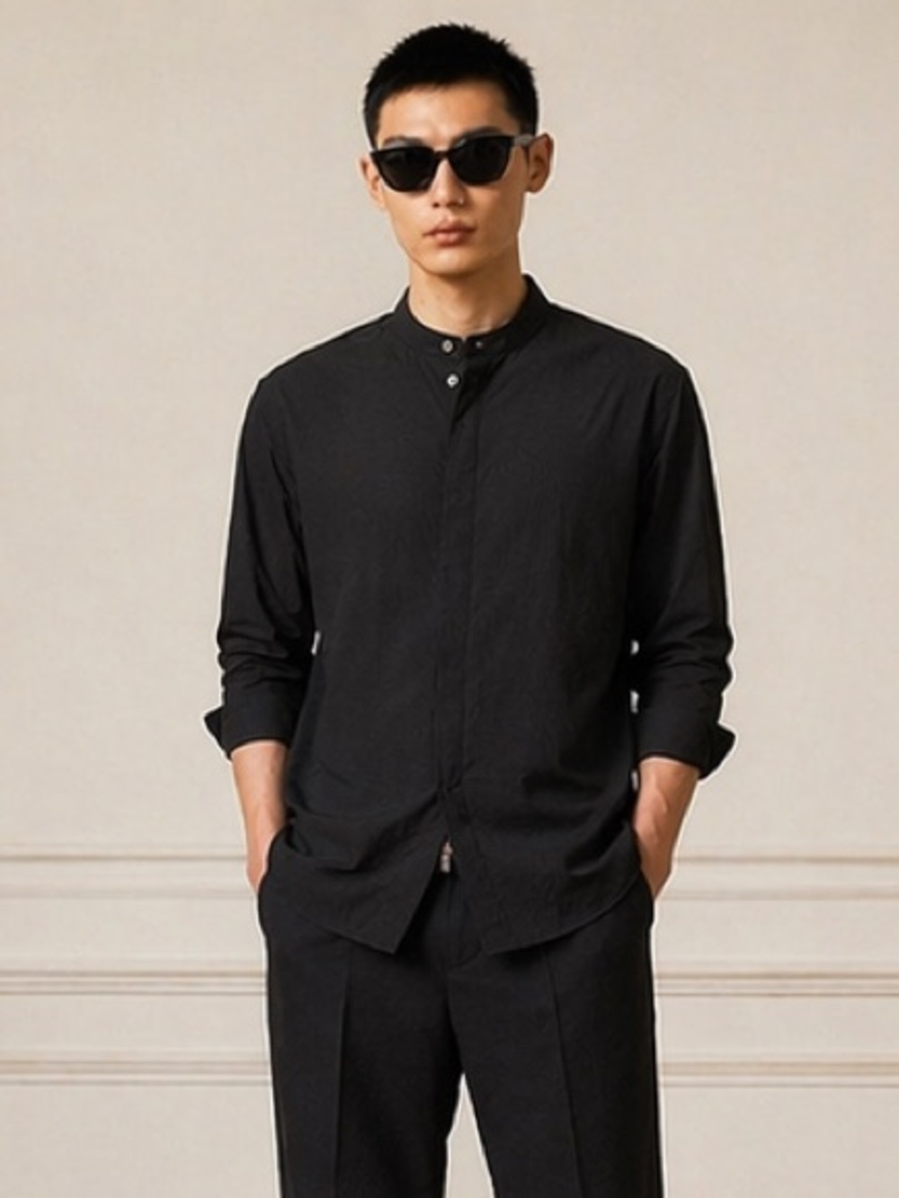 Vintage Kenzo Paris Black Nylon Button Shirt Band Collar Tech Minimalist XXL